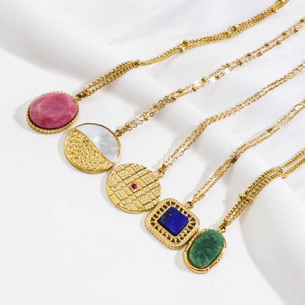 Vintage Style Women's Stainless Steel Necklace Choker  Natural Stones Jewelry 14K Gold Long Style Necklaces for Women