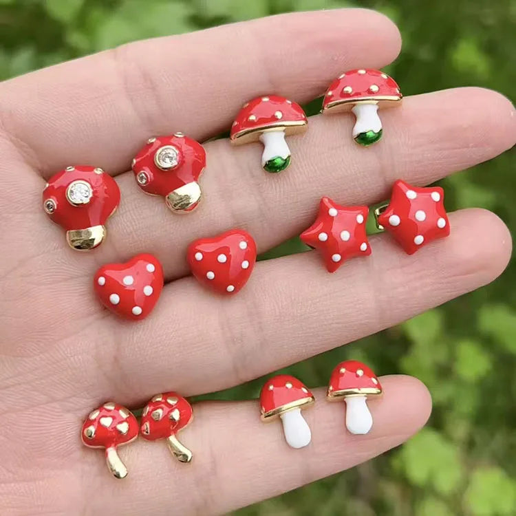 EM1458 New Stylish 18k Gold Plated Red Enamel Mushroom Studs Stud Earrings