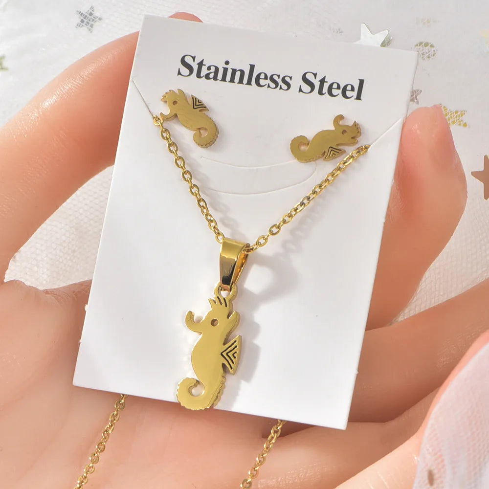 2023 Hot Sale Stainless Steel Jewelry Set Gold Animal Cross Pendant Necklace Stud Earrings Two-piece for Women