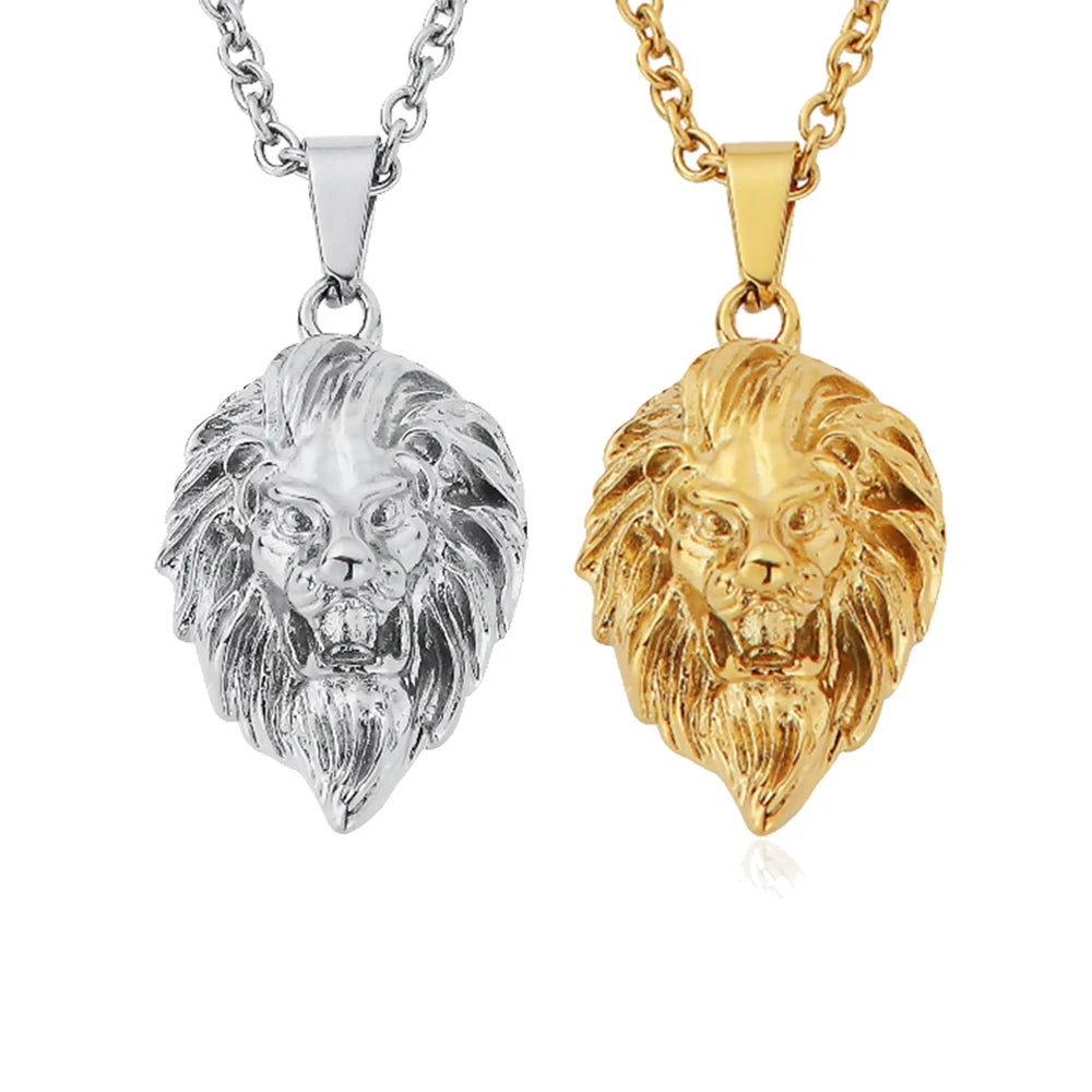 In Stocks-Solid Lion Head Pendant Necklace 18K Real Gold Plated Stainless Steel IP Animal Lion Chain for Men Hot Spot Wholesale