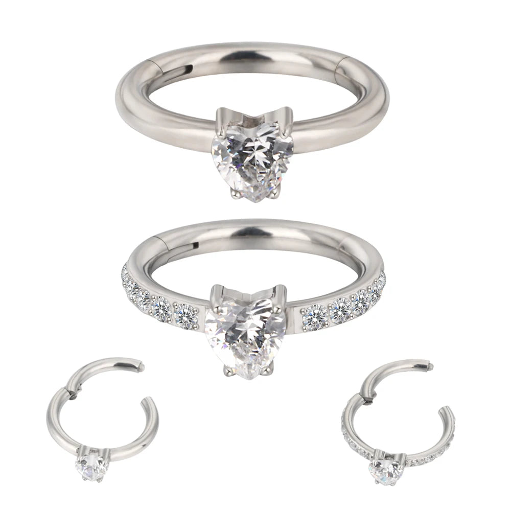 New G23 ASTM F136 Titanium Prong Set Heart CZ Clickers Hinged Segment Ring Nose Rings Earrings Piercing Jewelry