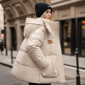 Women's Loose Down Cotton Hooded Cotton Jacket British Style Fabric Patch Slimming Bread Jacket Three-dimensional Pocket