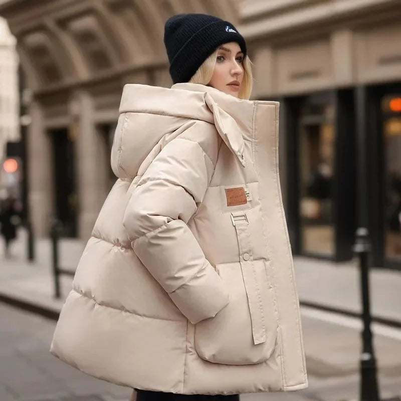 Women's Loose Down Cotton Hooded Cotton Jacket British Style Fabric Patch Slimming Bread Jacket Three-dimensional Pocket