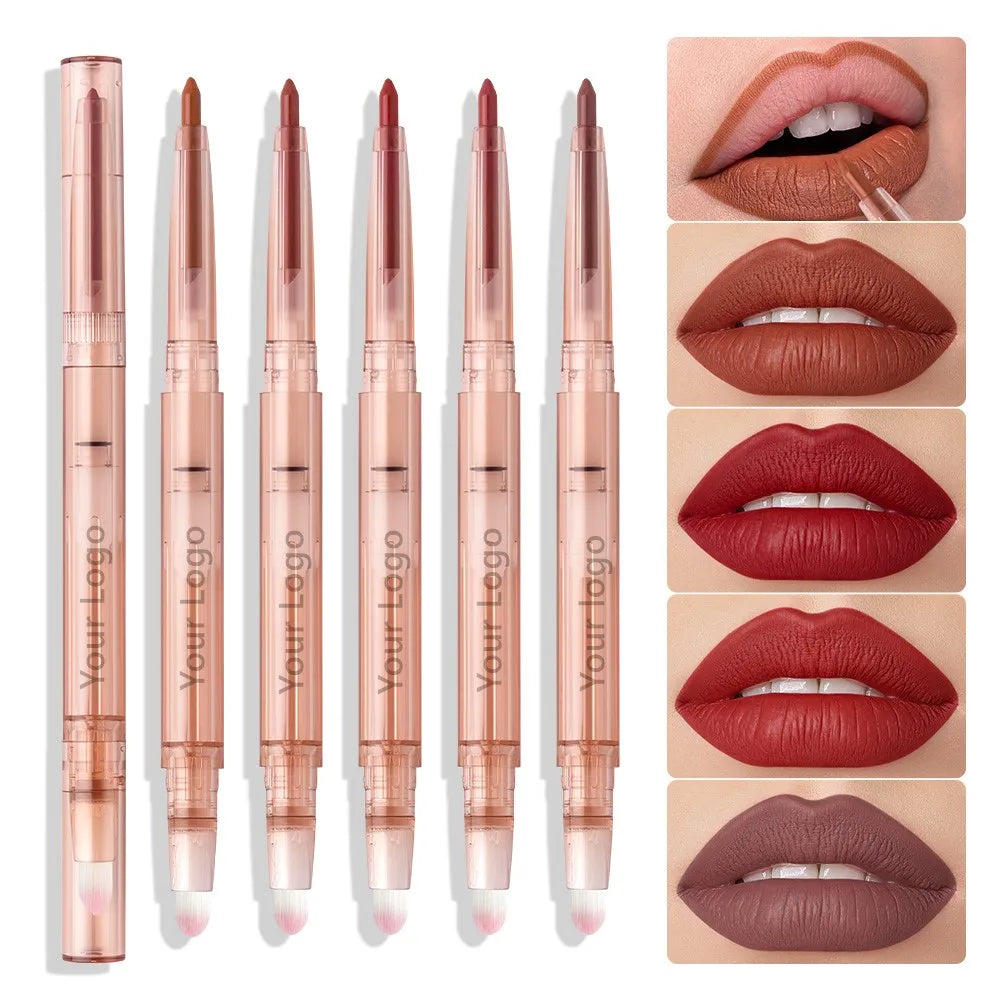 Private Label Smooth Matte Velvet Dark Brown Double-ended Rotating Lip Liner With Lip Brush
