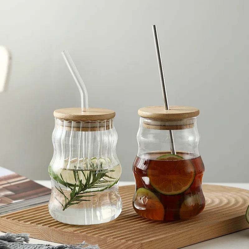 Ins High Borosilicate Glass Water Cup Creative Korea Vertical Strip Glass Cup with Lid and Straw