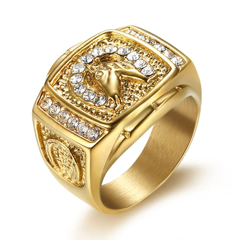 Wholesale Male Men Waterproof Chic Eternity Stainless Steel Zircon Iced Out Horse Head Finger Ring Jewelry China Supplier