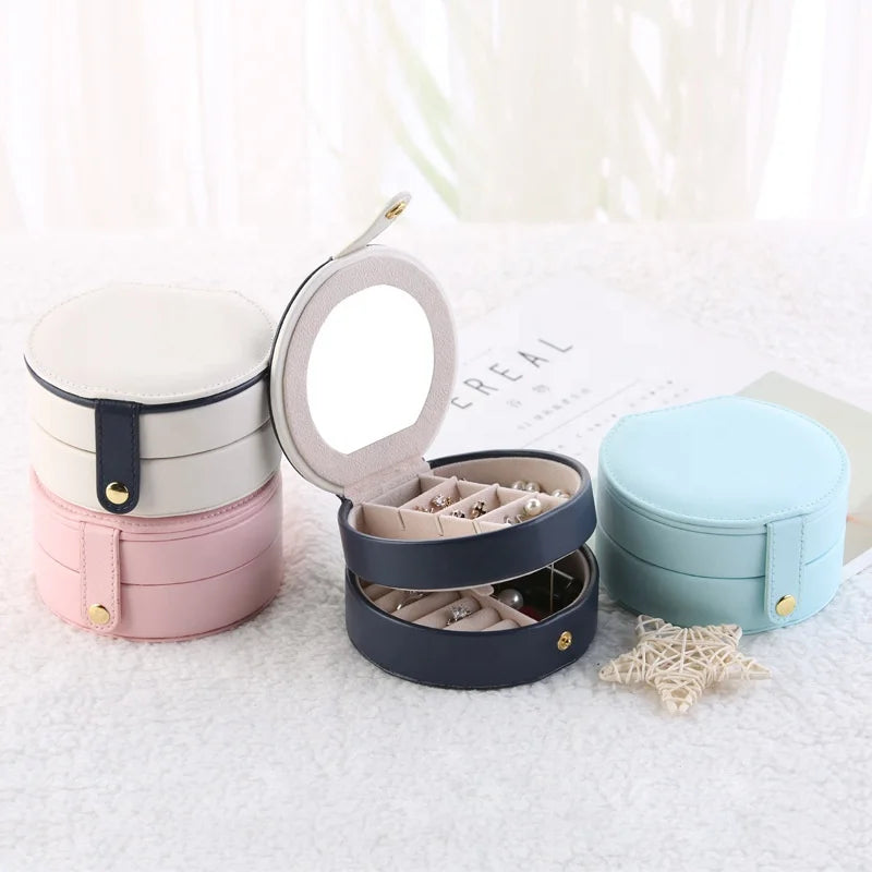 Custom Logo Pu Leather Portable Round Jewelry Box Small Travel Jewellery Organizer Necklace  Box Ring Earring Storage Case