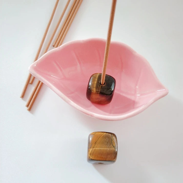Diy antique soapstone stick holder with tiger eye cube shape crystal Incense Holder