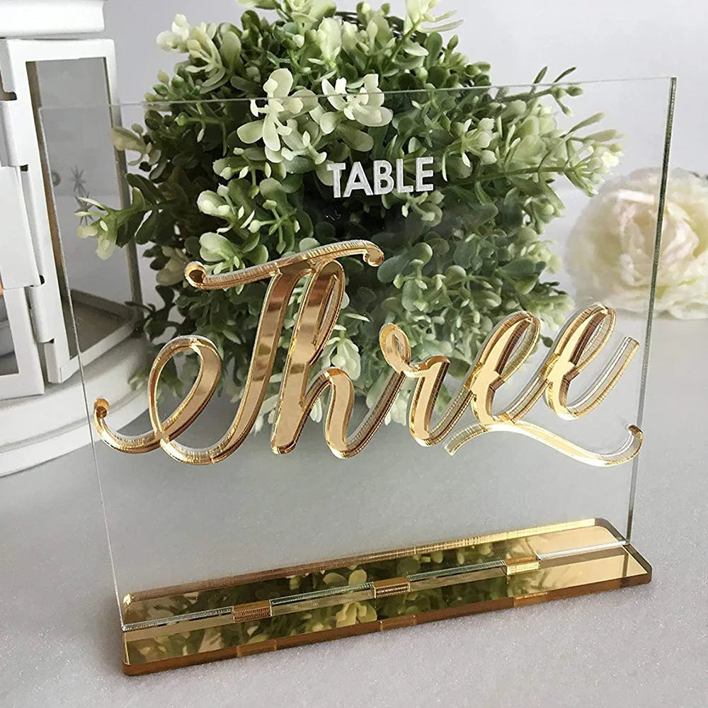 Modern Gold Mirror Clear 3mm Thick Acrylic Freestanding Easy Assembly Table Numbers for Weddings