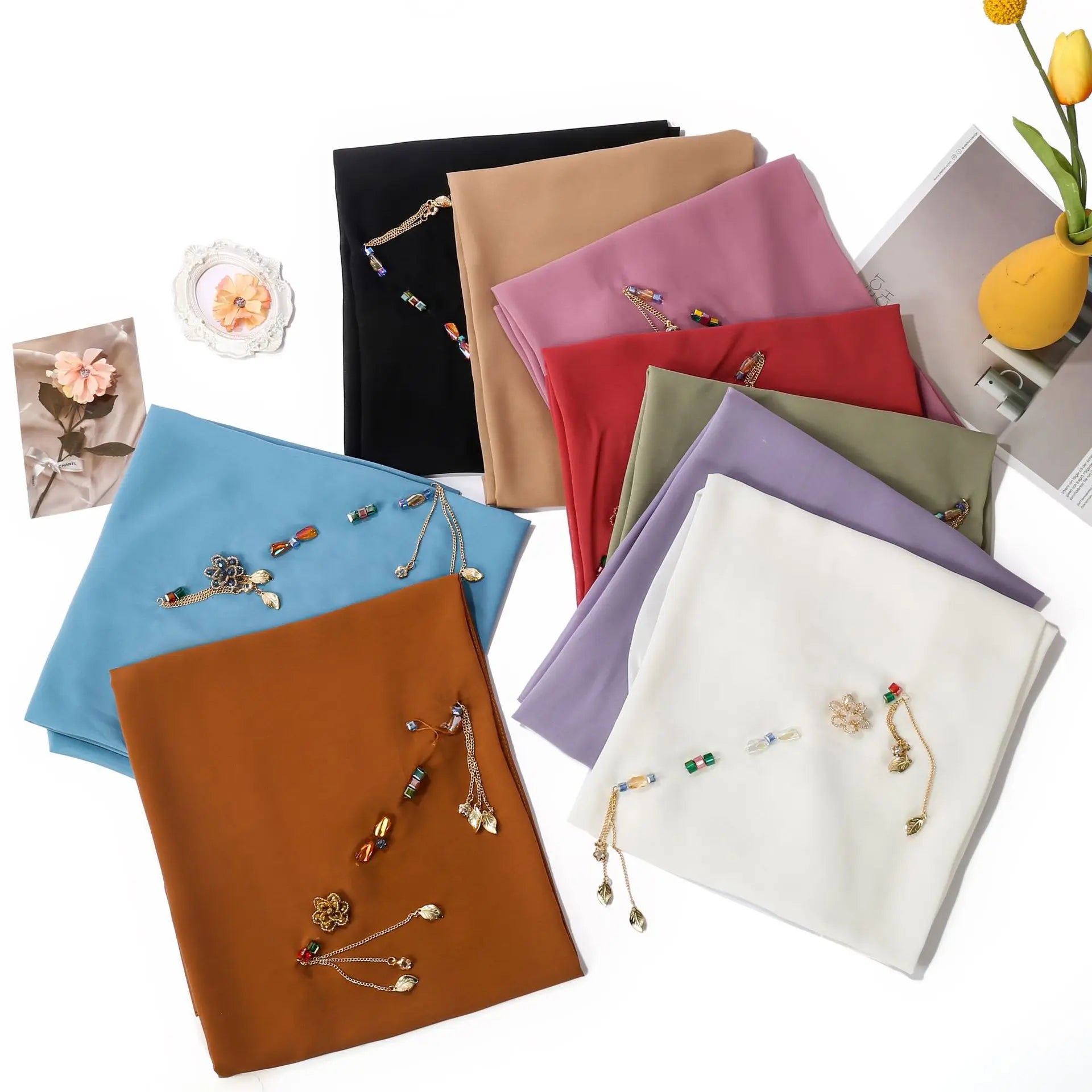 New Ethnic Style Solid Color Chiffon Square Shawl Crystal Pendant Muslim Scarf Headband Female Hijab