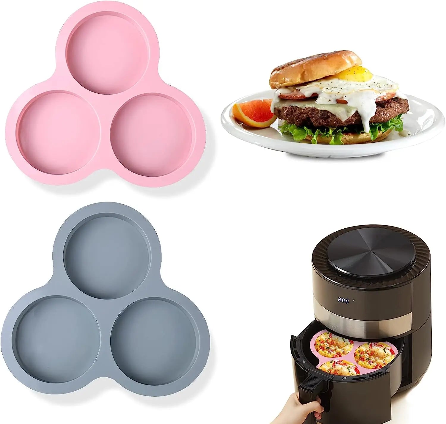 Factory Outlet Non-Stick Baking 3 Cavity Silicone Muffin Pans Hamburger Bun Pan 6QT-10QT Silicone Air Fryer Egg Pan
