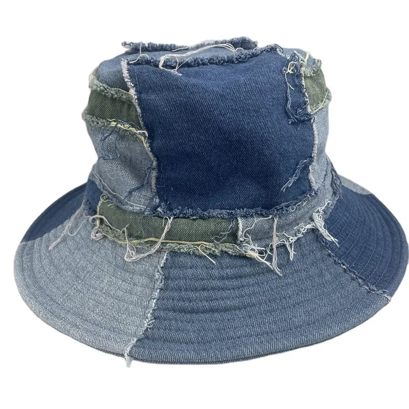 Custom Retro Washed Patchwork Bucket Hat with Denim Frayed Brim Fashion Travel Bucket Cap for Men Women Casual Scene Custom Logo