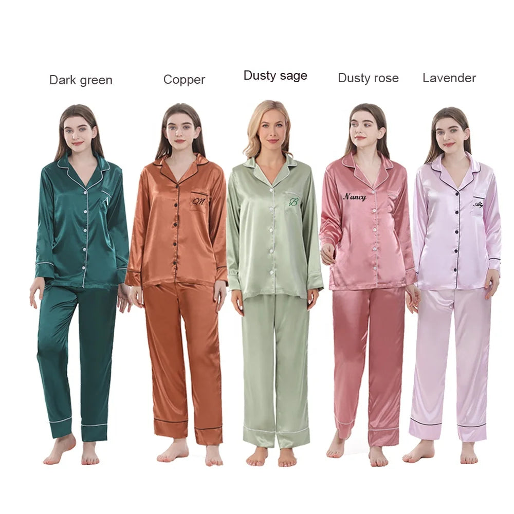 18 Colors High Quality RTS Women's Long Sleeves 2 Piece Solid Plain Luxury Summer Silk Satin Pajamas Set Sleepwear Wedding Bride