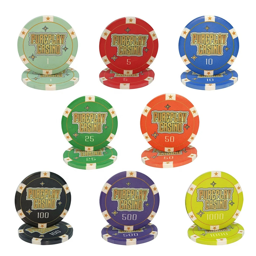 Professional Oem Pureplay Casino 39mm Ceramic Poker Chips 10g with Shinning Stars Original Design for Casino Gambling Game