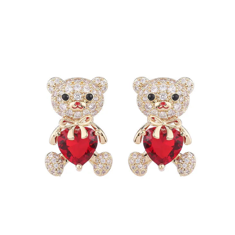 DUYIZHAO Popular Ins Style S925 Sterling Silver Needle Bling CZ Cute Heart Animal Bear Stud Earrings for Women Girls Daily Wear