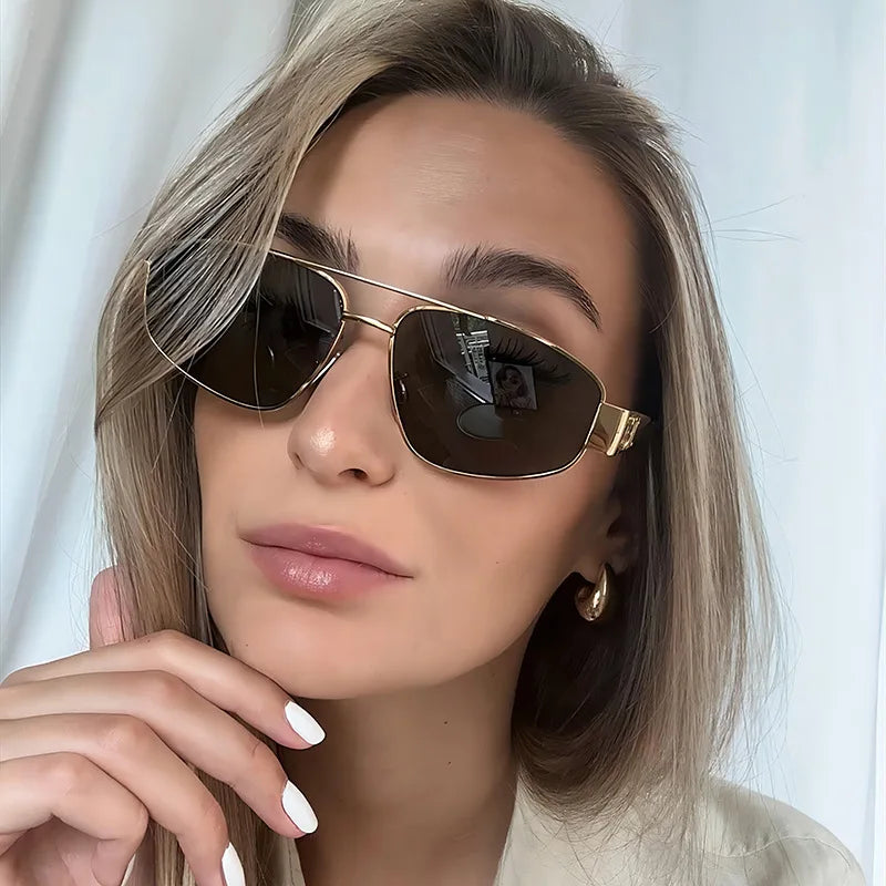 Uv400 Sunglasses Promotion High End Womens Designer Custom Logo Double Bridge Metal Frame Irregular Sunglasses 2024 MegaBDM