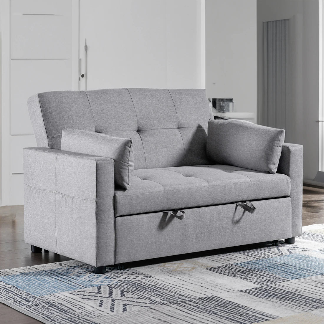 Linen Fabric I Shape Sleeper Sofa Bed Living Room Pull-out Sofa with Armrest