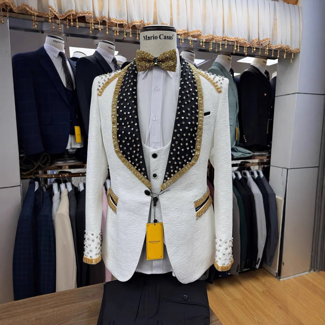 Men's 3-Piece New Cross-Border Fashion Suit Hand-Sewn Flat Front Wedding Dress Zipper Fly Double Breasted Worested Fabric for