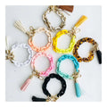 2022 New Boho Cute Personalized Chunky Multiple Colors Twisted Link Leather Tassel Wristlet Acrylic Bangle Keychain