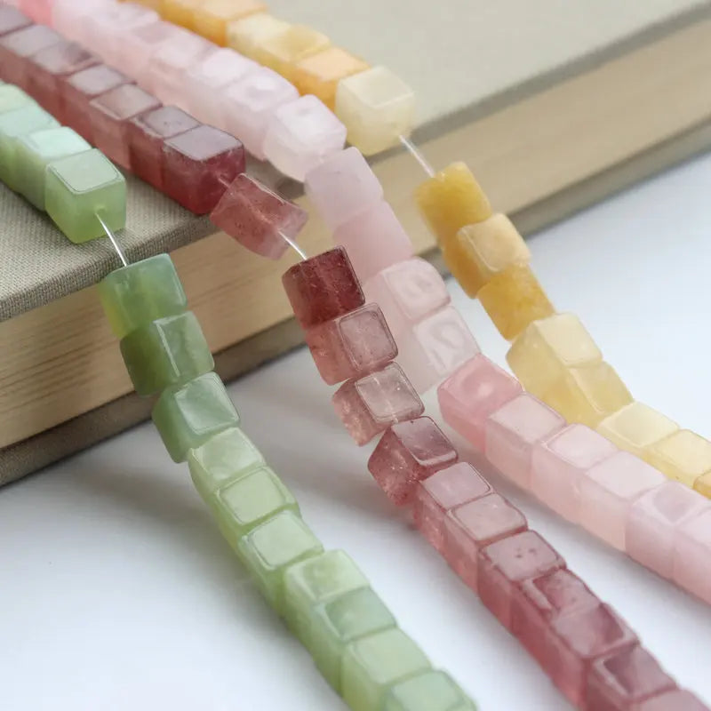 8*8MM Natural Rose Quartz Healing Gemstone Square Strawberry Quartz Tube Spacer Stone Beads for Jewelry Making