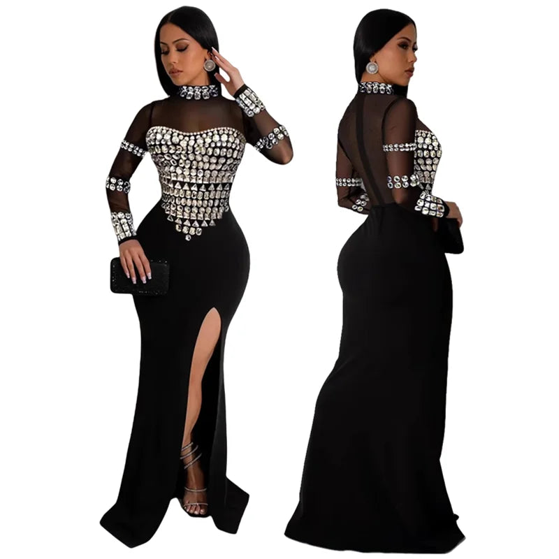 K3367 High Quality Party Dresses Women Perspective Splicing Slim Slit Elastic Rhinestone Bead Long Dress Women Club Dresses