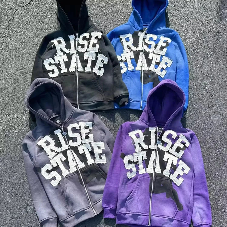 Custom Logo Patch Embroidery Acid Wash Zip-Up Hoodie Distressed Embroidered French Terry Streetwear for Autumn Season