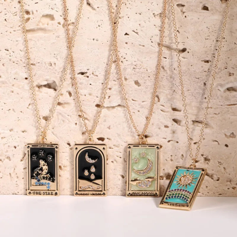 Custom Star Sun Moon Enamel Pendant Necklace 18k Gold Plated Zircon Rectangle Card Jewelry