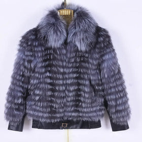 MWFur Silver Fox Hair Collar Jacket for Women Fashion Winter Season Street Luxury Silver Fox Fur Coat Casual Outwear