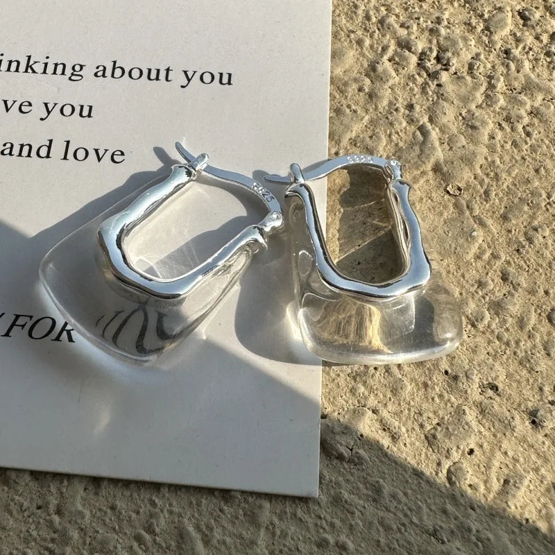 Irregular 925 Sterling Silver Geometric U Shape Clear Resin Hoop Earrings Jewelry Gifts MegaBDM