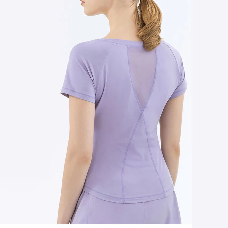 Summer Mesh Stitching Yoga Short Sleeve Sports Fitness T-shirt Women Round Neck Quick Drying Top Workout Clothing