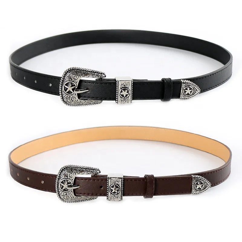 European and American Retro Carved Ladies PU Belt with Classic Vintage Style and Alloy Buckle Trendy Bohemian Accessories