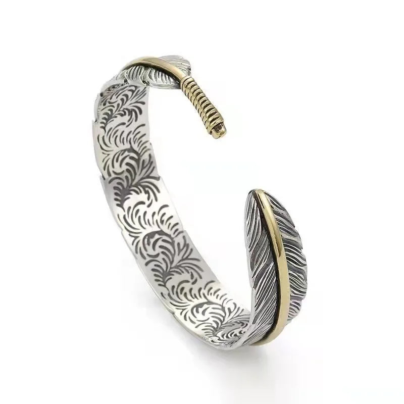 2022 Fashion Silver Bangles Adjustable Men Bangle Stainless Steel Feather Vintage Goro Bangles for Men