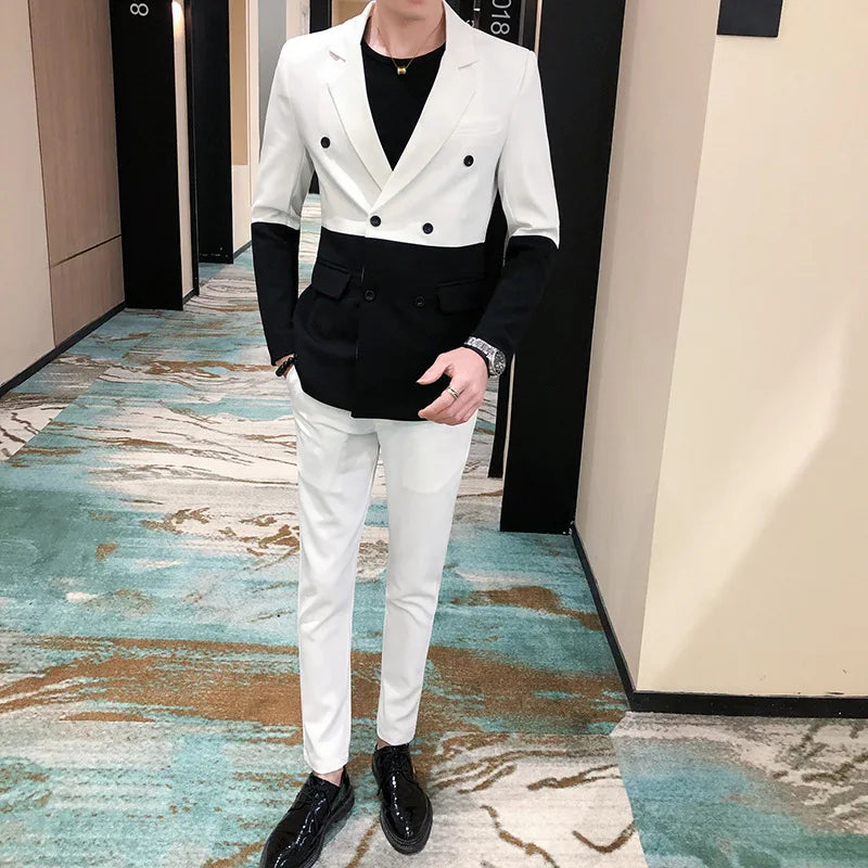 S-2XL Fashion Men's Two-piece Suit Color Matching Handsome Double-breasted Korean Version Slim Suit Suit
