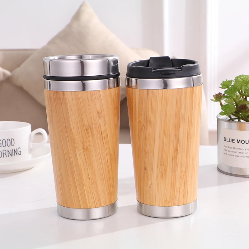 New Products 2025 Unique 450ml Stainless Steel Bamboo Coffee Mugs with Lid Insulated Vacuum Wooden Coffee Mugs