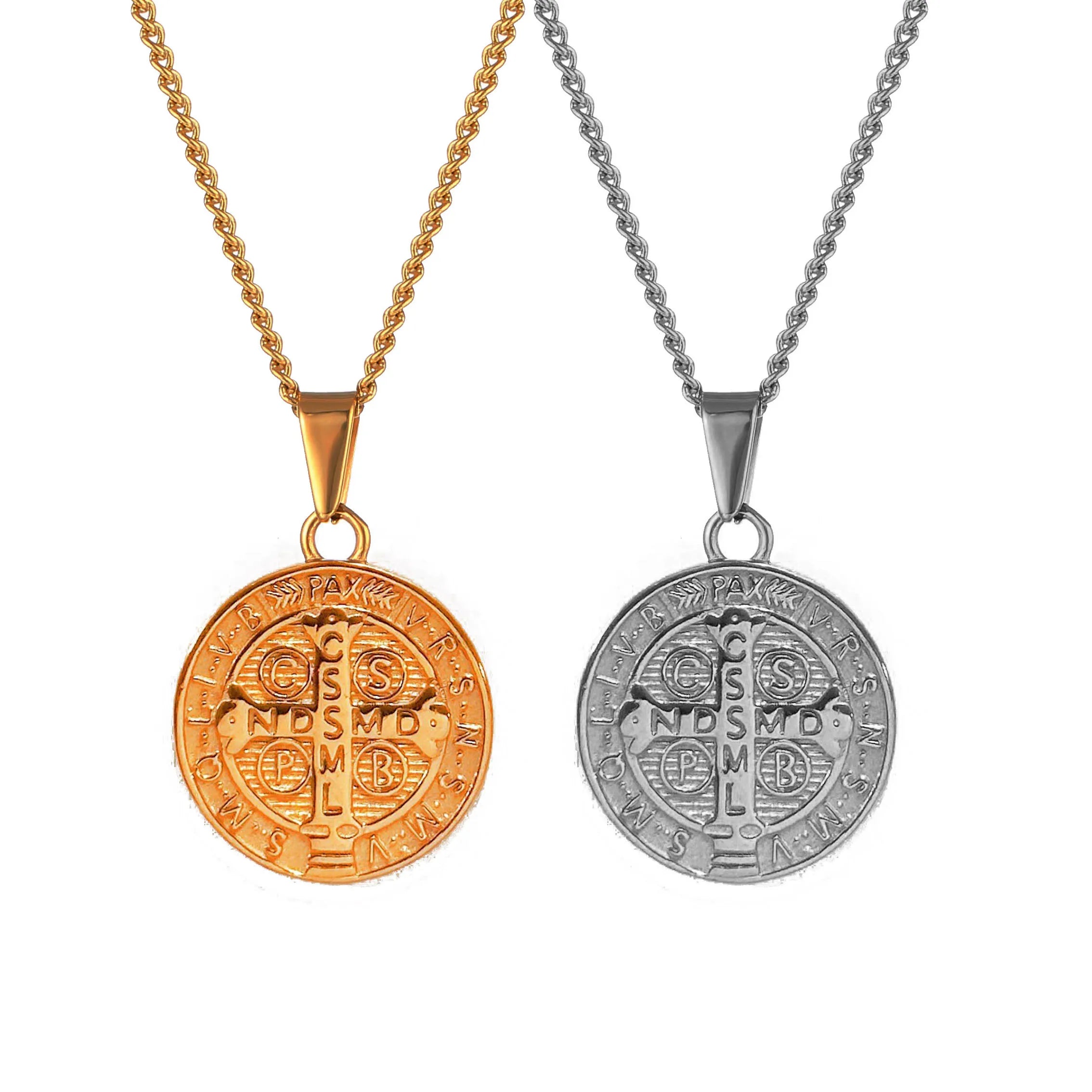 Street Men Boy Vintage Religious Saint Michael Pendant Necklace Non Tarnish Jewelry Stainless Steel Cross St Benedict Necklace
