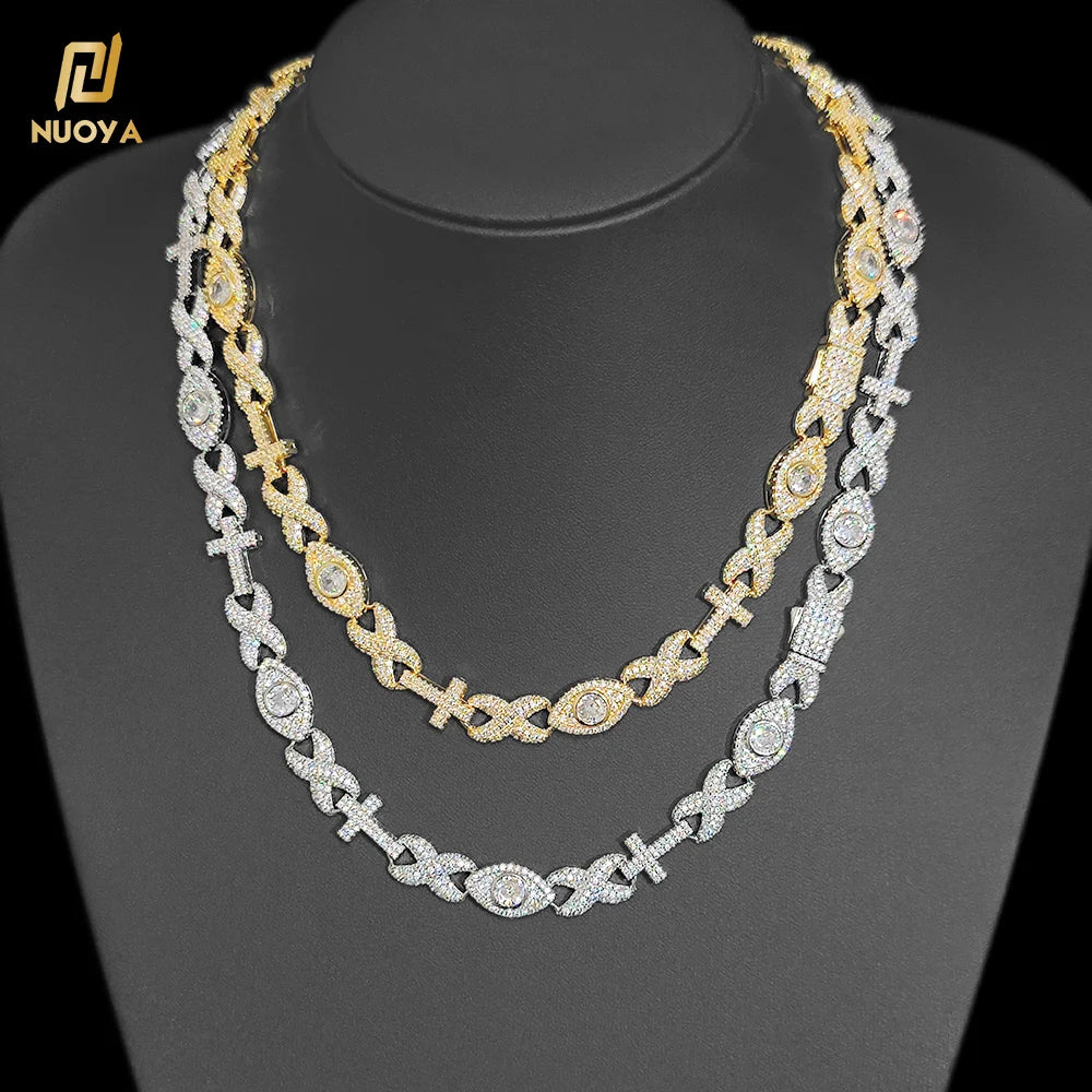 NUOYA Hip Hop Jewelry New Design Full Pave Zircon Gold Plated Chain Iced Out Diamond Eye Cross Link Chain Necklace for Women