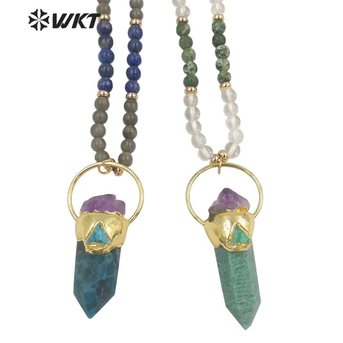 WT-N1337 WKT Powerful Energy Cylinder Shape Blue Apatite Amazonite Mix With Amethyst Long Beads Necklace Gemstones Beads Chain