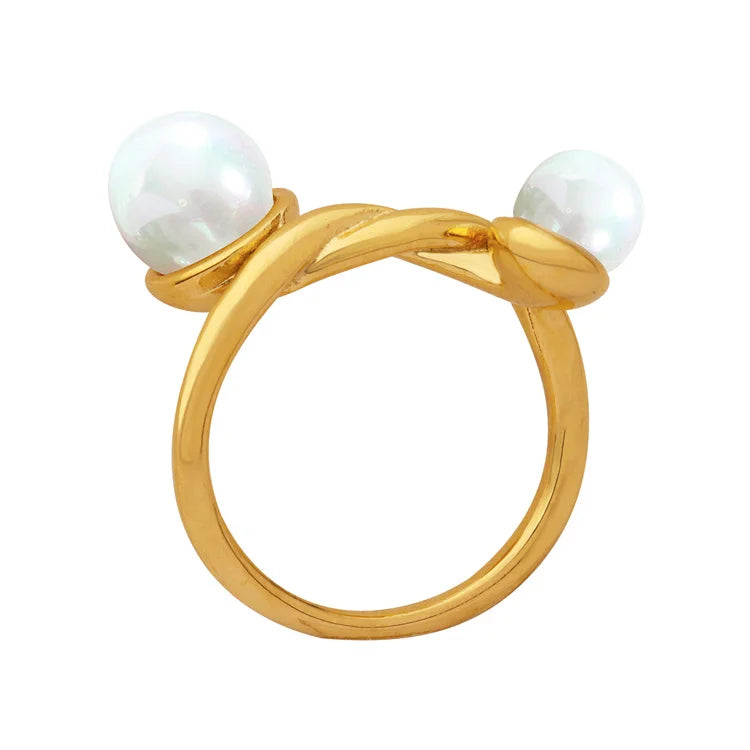 Simple Twist Design 18K Gold Plated Stainless Steel Double Pearl Open Adjustable Ring for Women Engagement Daily Wear
