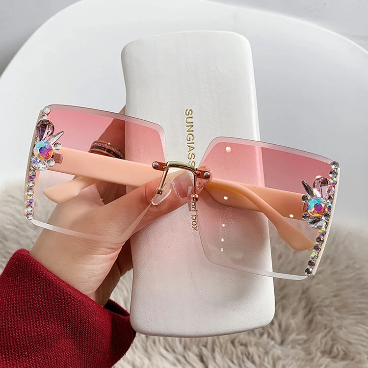 Female Cutting Lens UV400 Rimless Square Oversize Shades Brand Design Sunny Woman Rhinestone Sun Glasses Trendy Sunglasses 2025