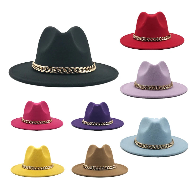 Womens'S Hat Wide Brim Thick Gold Chain Band Classic Black Beige Felted Cap Panama Cowboy Jazz Men Caps Luxury Fedora Women Hats