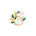 Fashion Vintage Hollow Out Flower Collar Lapel Enamel Pins White Pearl Beads Green Yellow Leaves Round Jewelry