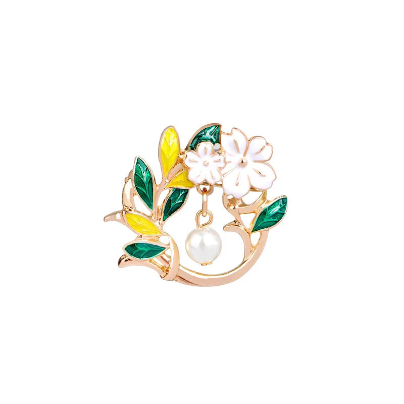 Fashion Vintage Hollow Out Flower Collar Lapel Enamel Pins White Pearl Beads Green Yellow Leaves Round Jewelry