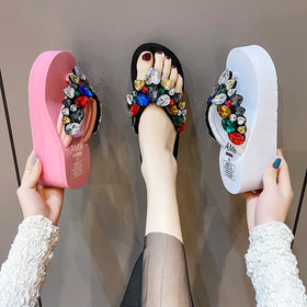 Square Toe Women Diamond Flat Sandals Ladies Thick Platform Slippers Girl Summer Fashion Trend Rhinestone Flip Flop Slippers