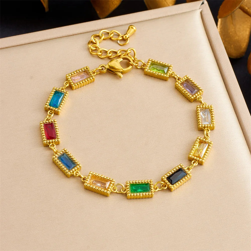 New Tarnish Free Geometric Colorful Gemstone Bracelet 18k Pvd Gold Plated Stainless Steel Waterdrop Bracelet for Women