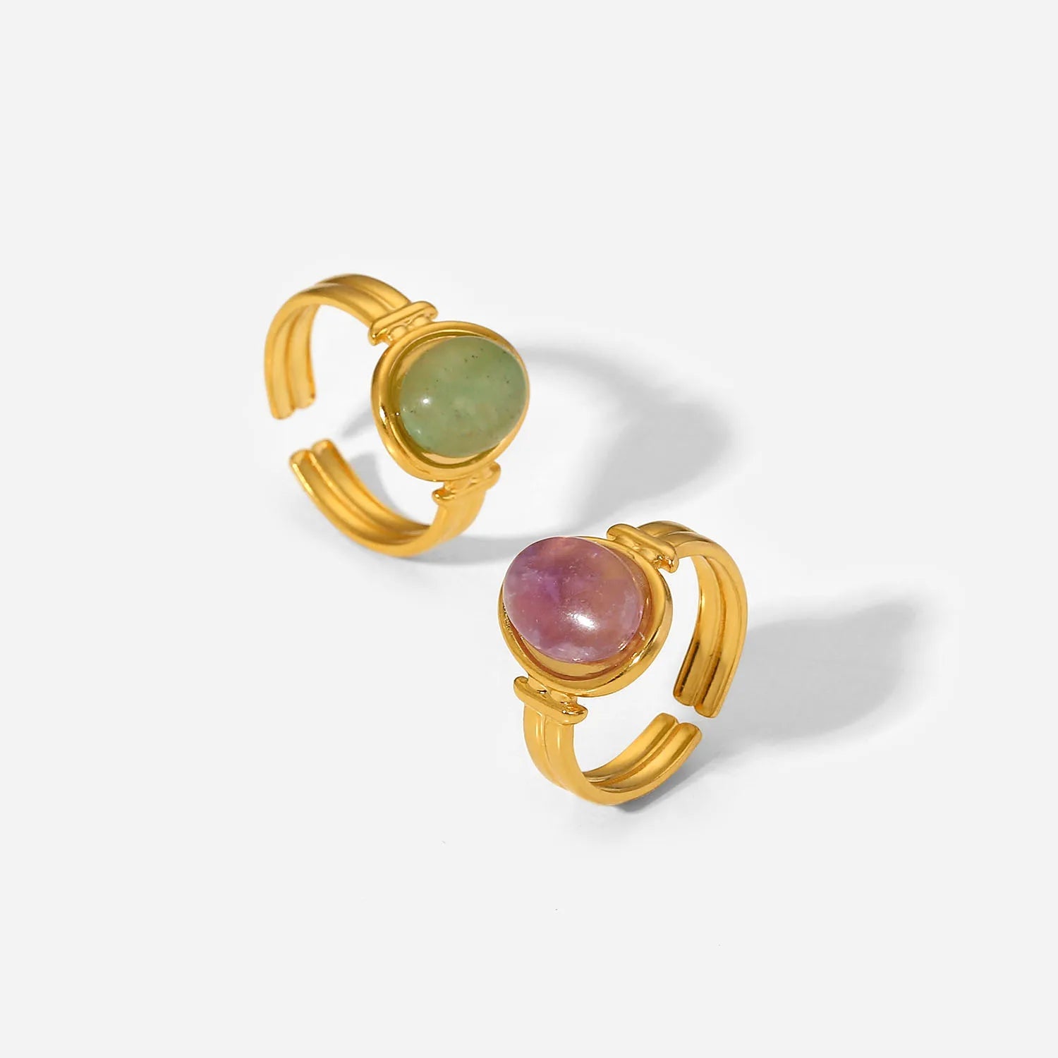 18K Gold Plated Stainless Steel Round Natural Green Stone Adjustable Rings for Women