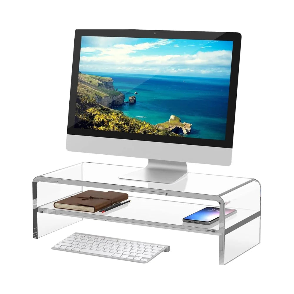 Meijie Eco-Friendly Polished Clear Acrylic 2-Shelf 5.12 Inches High Monitor Stand Riser Desk Organizer Multi Media PC Laptop