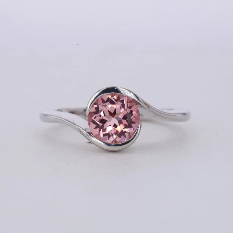 Starsgem Staggered Alternating Surrounding 8mm Round Cut pink Stone Padparadscha Silver Gold Sapphire Engagement Ring