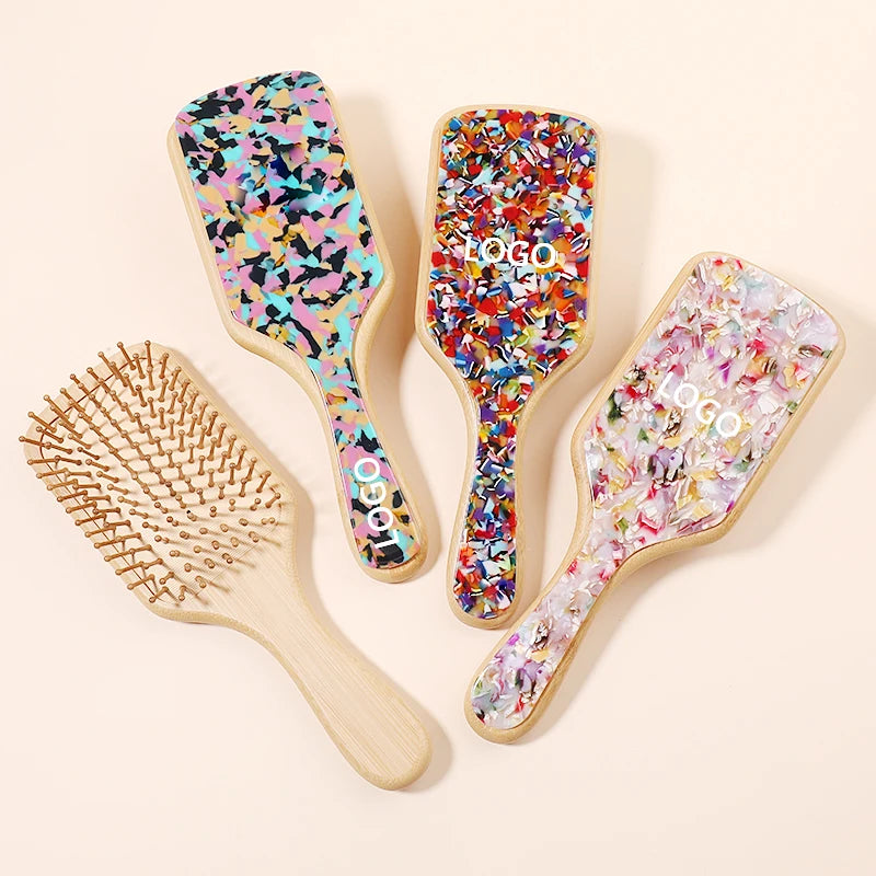 Custom Logo Acetate Bamboo Bristle Women & Men Scalp Massage Hairbrush Detangling Cushion Bamboo Hair Brush for Natural Hair