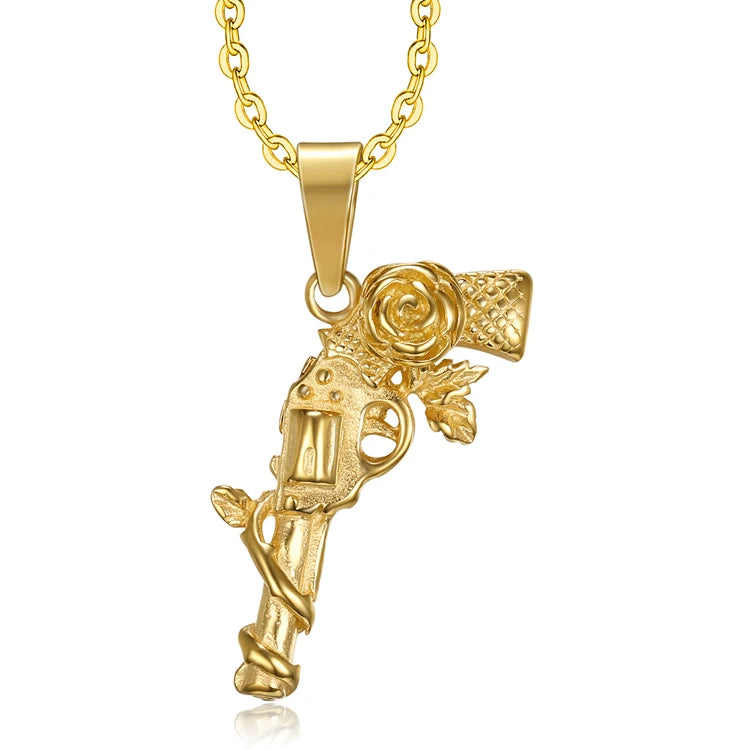 Hip Hop 18k Gun Necklace Flower Rose Pistol Pendant Chain Gold Jewelry Stainless Steel Gun Necklace for Men