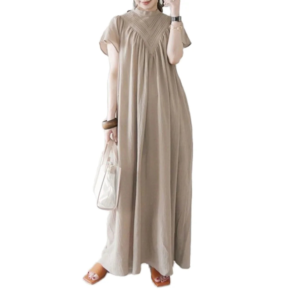 Women's Summer Fashion Dress Casual Loose Cotton Linen Long Maxi Dress Crew Neck Neckline Short Sleeves Natural Waistline